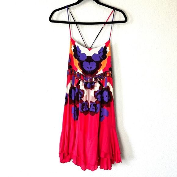 Free People Sweet Lucy Coral Red Print Mini Dress Size Small - Picture 3 of 11